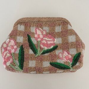 NWT Anthropologie Floral Beaded Clutch - Brown and Pink